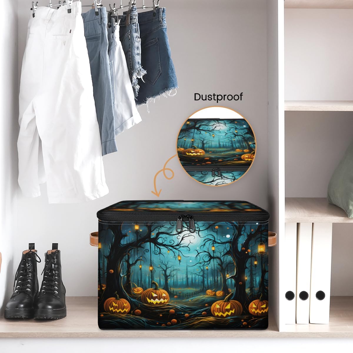 Storage Bin Set of 2 Forest Halloween Pumpkin Storage Basket with Zipper Lid & Handle Foldable Closet Shelf 2 Pack Cloth Organizer Basket Cube Bins Clothes Organizer for Bedroom, Nursery