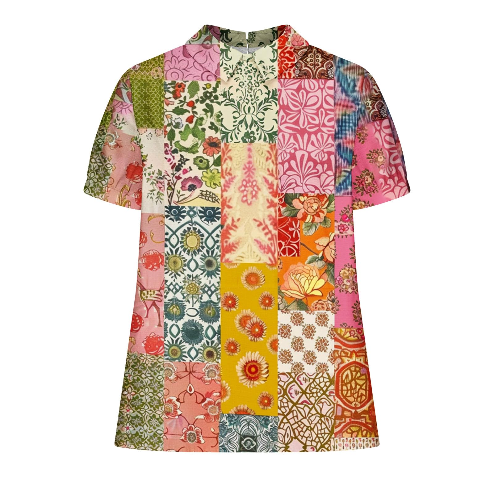 Tunique Femme Vintage Coton et Lin Blouse Imprimé Fleurs T-Shirt Col Claudine Chemisier Été Hauts à Manches Courtes Grande Taille Revers Chemise Léger et Respirant Blouse