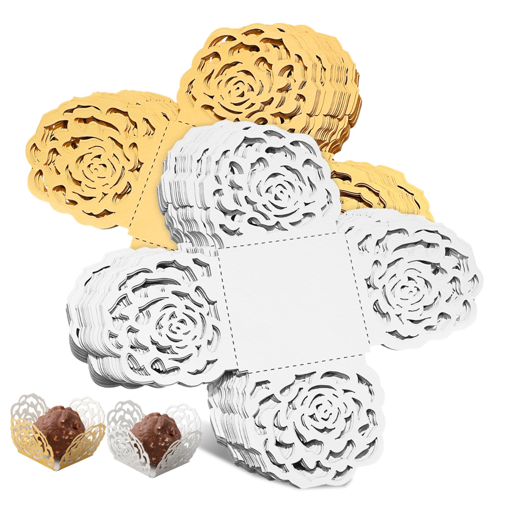 Ipetboom 100Pcs Hollow Rose Flower Edge Chocolate Wrapping Cups Decorative Truffle Liners for Desserts for Weddings Parties and Bakeries Reflective