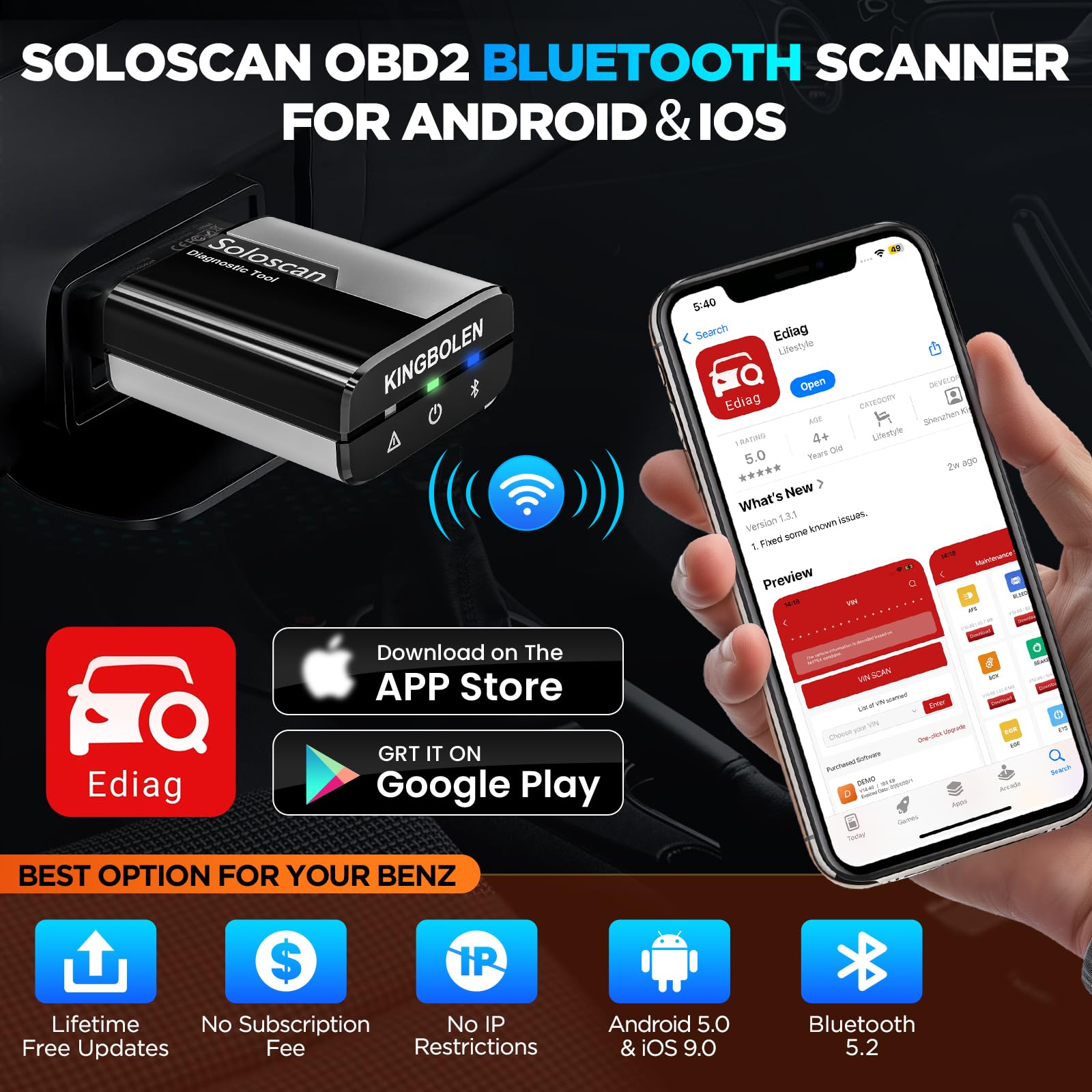 KINGBOLEN Soloscan OBD2 Auto Diagnostica per Benz/Maybach/Sprinter, Bluetooth Diagnosi Auto Professionale in Italiano, per Sistema Completo, 50+ Servizi, codifica ECU, Aggiornamento Gratuito a Vita