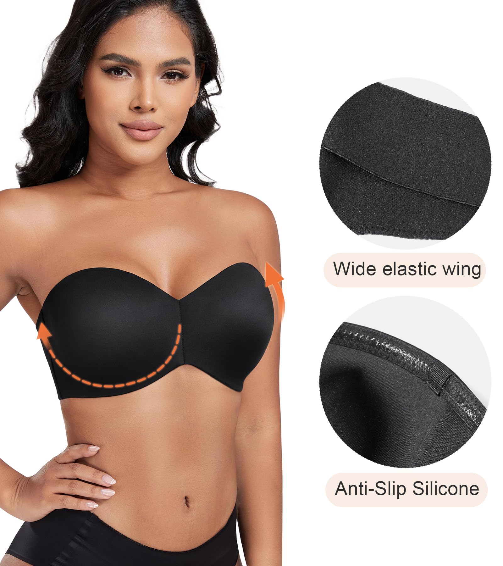 Lemorosy Brasier reductor sin tirantes para mujer, busto grande, soporte completo, antideslizante, convertible, con aros