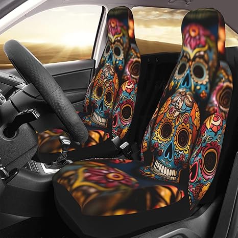 Colorful Sugar Skulls Front Seat Covers, Car Seat Covers Only Front Seats, Vehicle Seat Protector Covers for Cars, Universal Front Seat Protective Cover for Cars, Sedan, Truck, SUV 2 Pieces