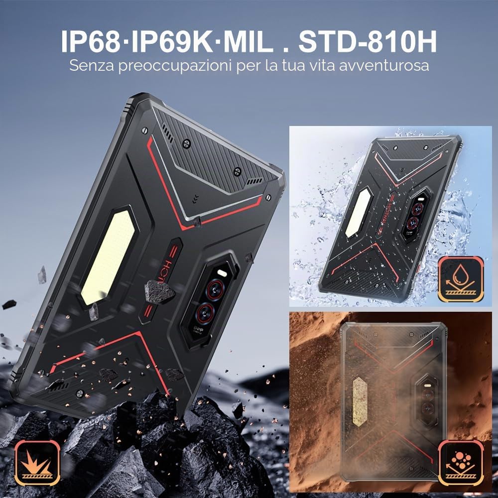 HOTWAV R9 Plus 4G Rugged Tablet 11 Pollici, 24GB+512GB+1TB Octa-core, 20080mAh Rugged Smartphone, 64MP+16MP, 2 Altoparlanti, IP68 Tablet Impermeabile, 4G LTE, 5G WIFI,OTG,GPS,Face ID,WIFI 5
