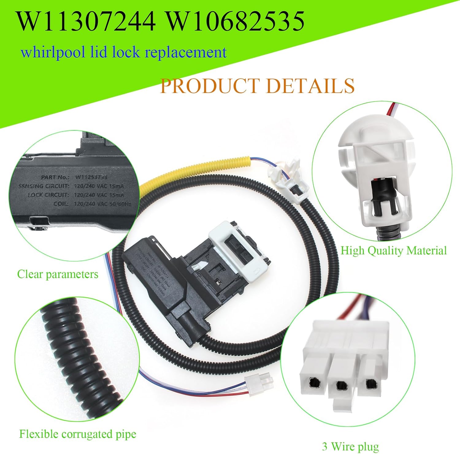 W11307244 W10682535 Washer Lid Lock Switch For NTW4516FW3 NTW4516FW2 NTW4516FW1 MVWC565FW1 MVWC565fW0 W11253733 Compatible With Whirlpool Maytag Amana Kenmore Roper Washer Machine Door Lid Lock
