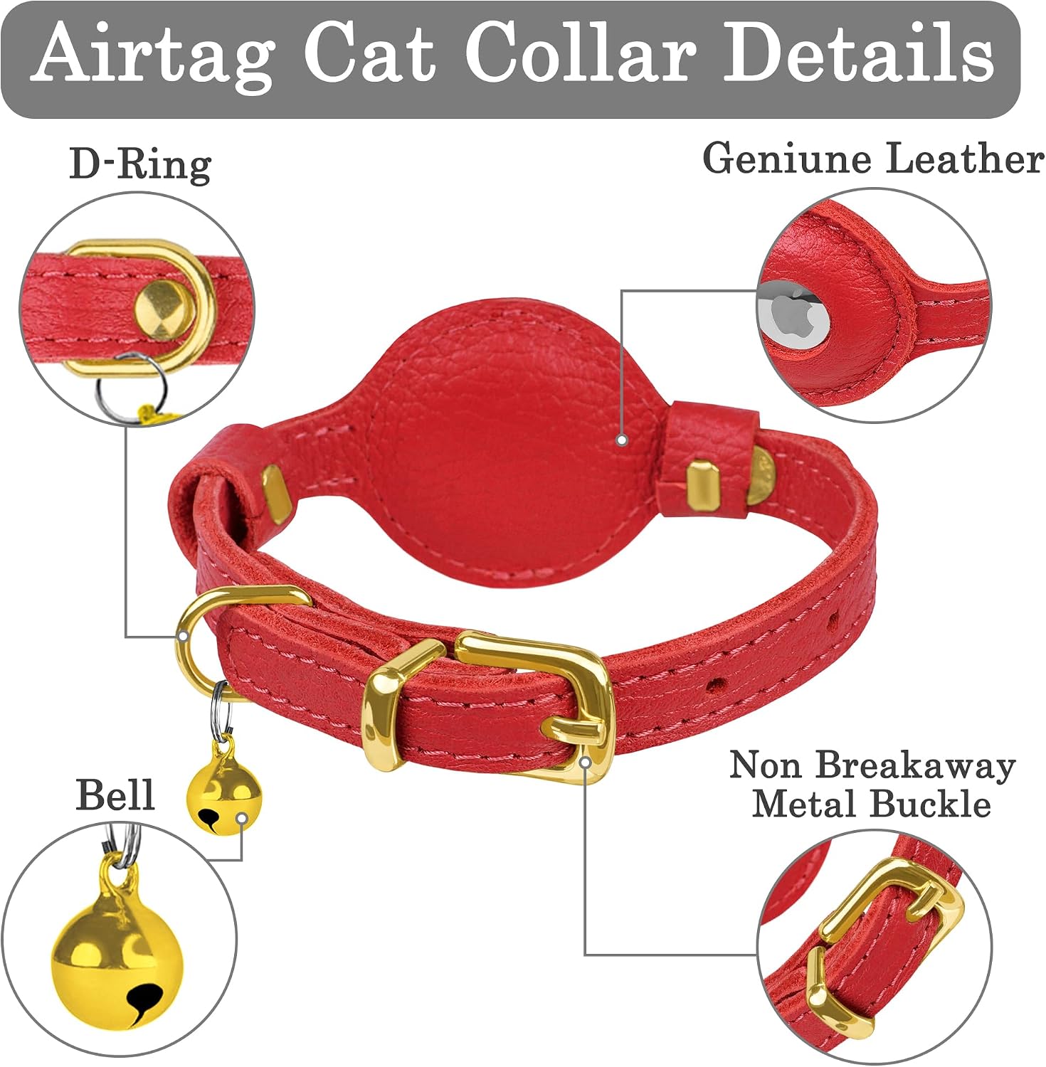 OOPSDOGGY Leather AirTag Cat Collar with Bell - Non Breakaway Kitten Collar with Apple Air Tag Holder - Lightweight GPS Pet Collars for Girl Boy Cats, Small Dogs, Puppies (Red) image 3
