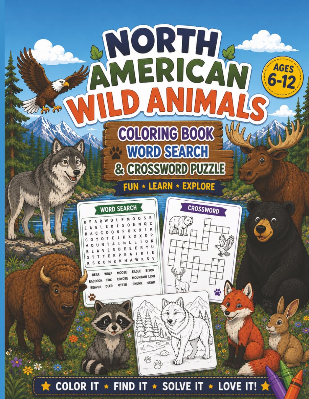 North American Wild Animals: Coloring Book, Word Search & Crossword Puzzles