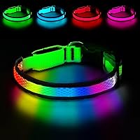PWOD LED Light Up Dog Collar USB Rechargeable - 7 RGB Colors, Waterproof, Adjustable Nylon for Medium Large Dogs (Large, Green)