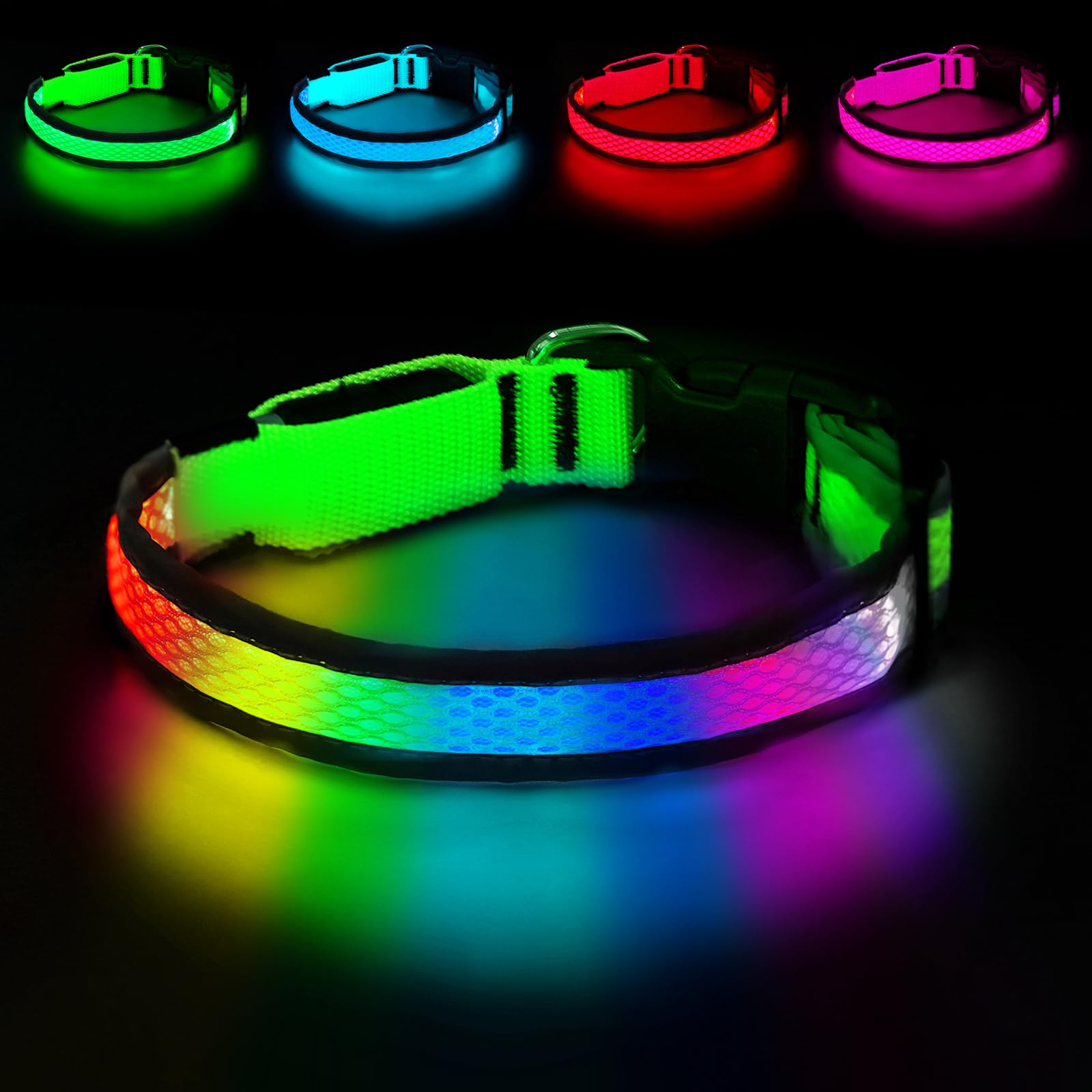 PWOD LED Dog Collar, Light Up Dog Collar USB Rechargeable, Nylon Adjustable Comfortable Soft Bright RGB 7 Colors Changeing Safety Light Glowing Collar