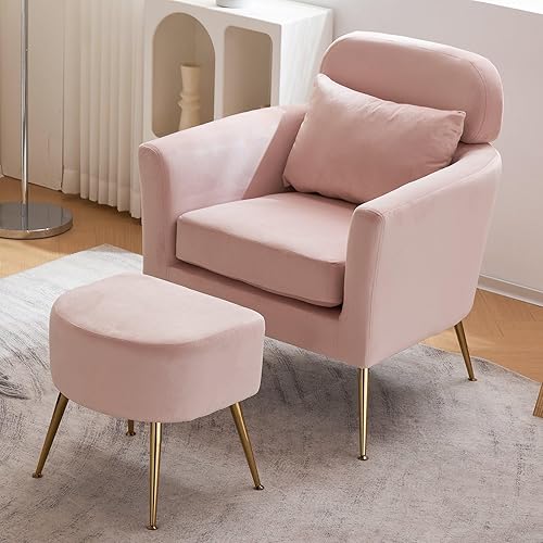 Miniatura 8 de VERYKE Comfy Accent - Juego de silla y otomana con patas de metal y almohada, sillón tapizado de franela con sofá otomano suave para sala de estar,