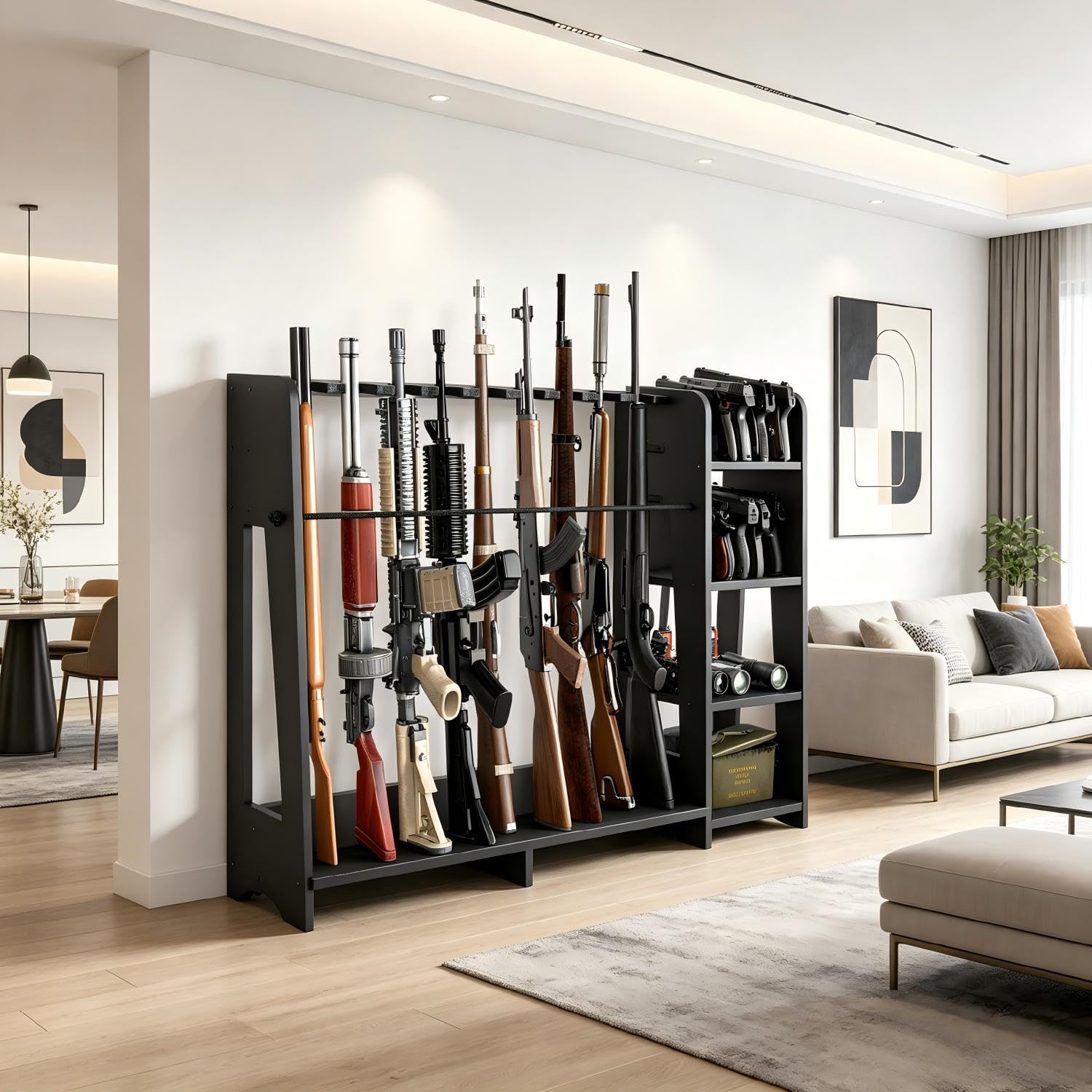 Promis - Supporto per armi da fuoco, in legno autonomo con ripiani regolabili in altezza per 9 + 8 slot