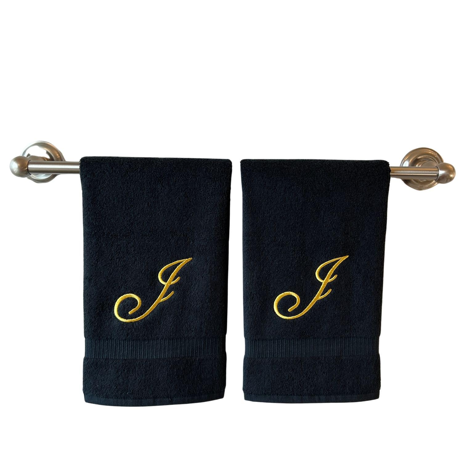 Black Monogrammed Hand Towels for Bathroom - Luxury Hotel Quality Personalized Initial Embroidered Towel for Powder Room, Spa - GOTS Organic Certified - Set of 2 Gold Letter J