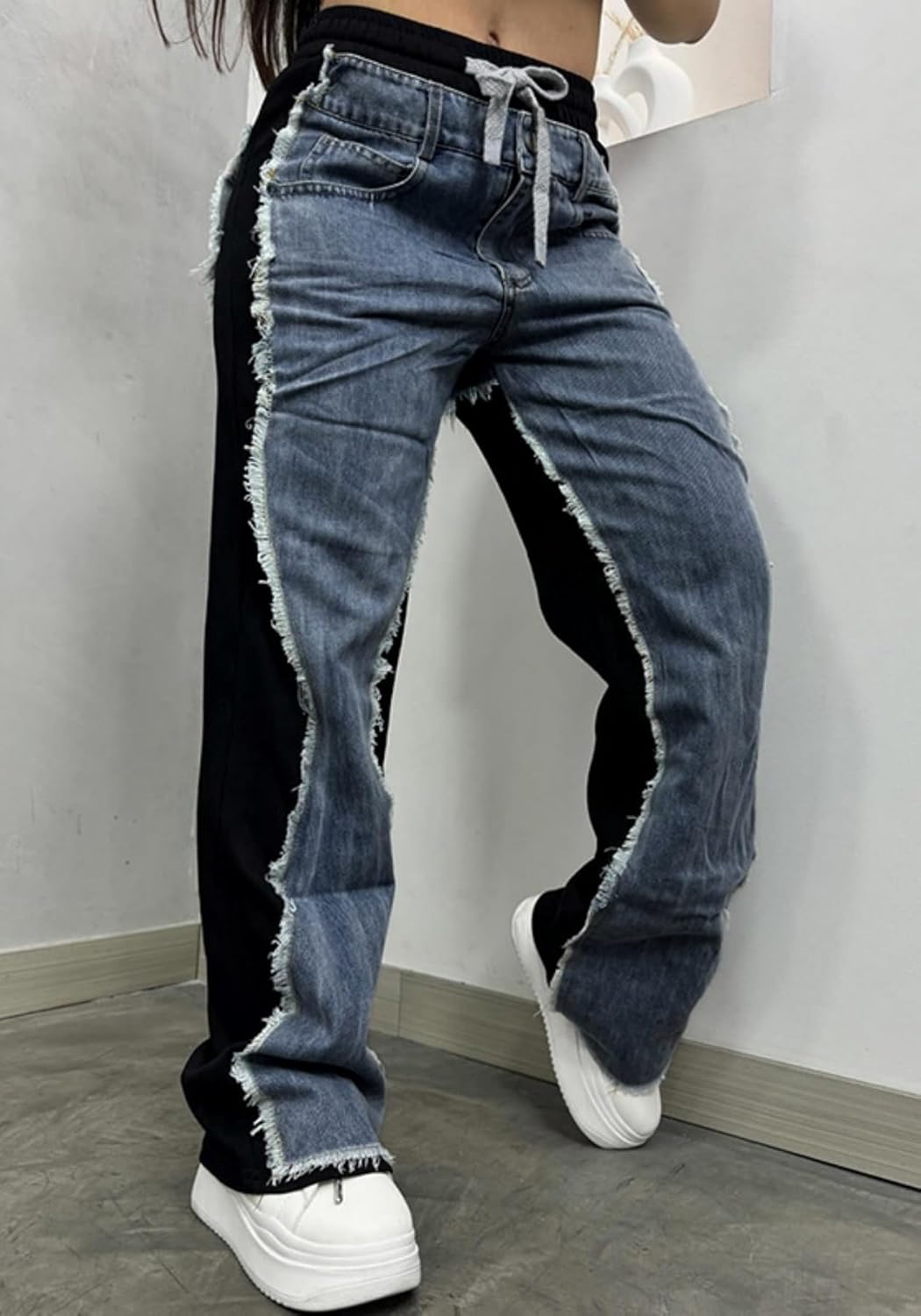 Unybwonn Baggy Patchwork Jeans Color Block Low Waisted Streetwear Ripped Trousers Straight Wide Leg Trendy Cargo Pants