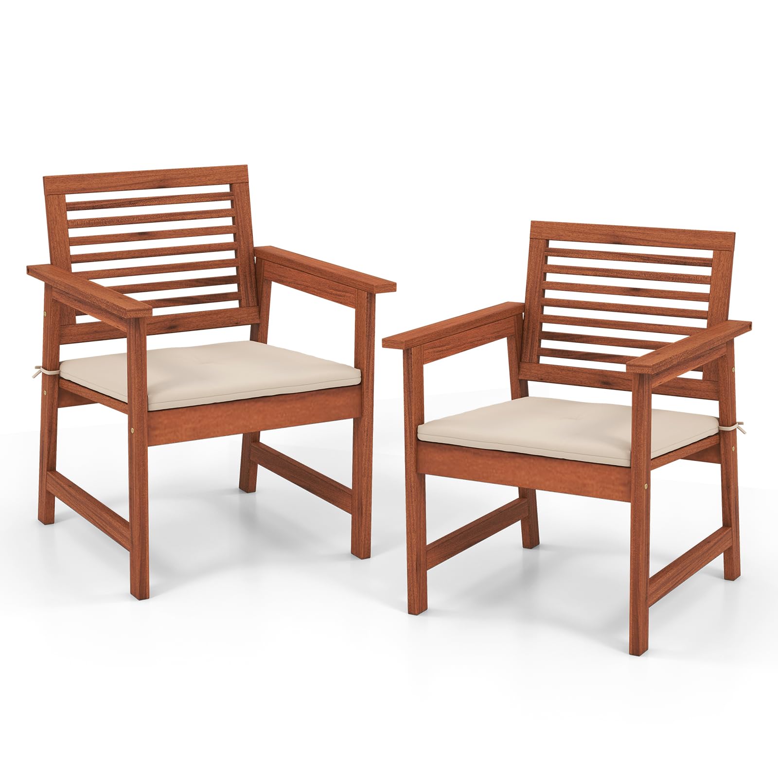 COSTWAY 2 Sillas de Comedor para Exteriores, Sillas de Madera Maciza para Patio con Cómodos Cojines, Asiento de Listones, Sillones Exteriores de Madera para Balcón, Porche, Junto a la Piscina