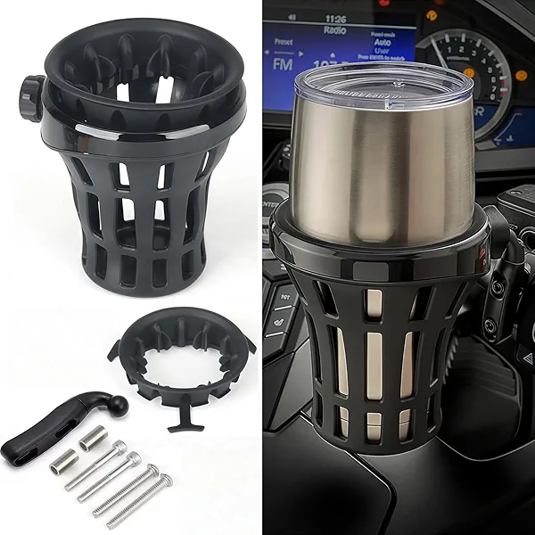 RUNNING PANTHER Upgraded Motorcycle Handlebar Drink Cup Holder Mount for Harley Davidson Passenger Water Bottle Holder with Mesh Basket Universal for Honda GL1800 DCT (Black, 142MM)
