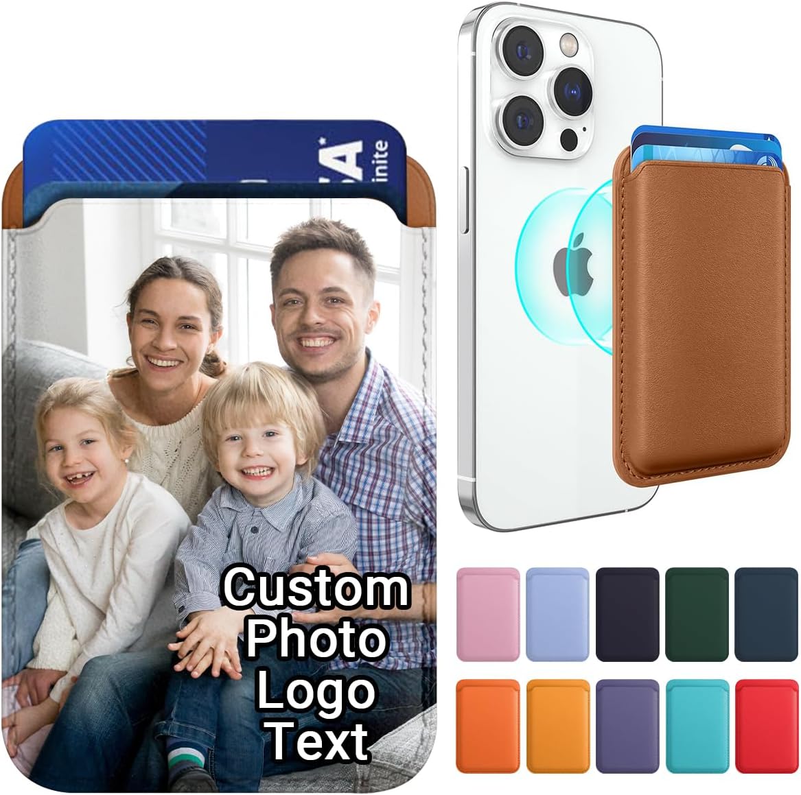 Custom Picture for MagSafe Wallet Personalized Photo Logo Strongest Magnetic Wallet for iPhone 17/16/15/14/13/12 Series Vegan Leather Minimalist Card Holder Stick on Phone, Gift for Birthday Christmas