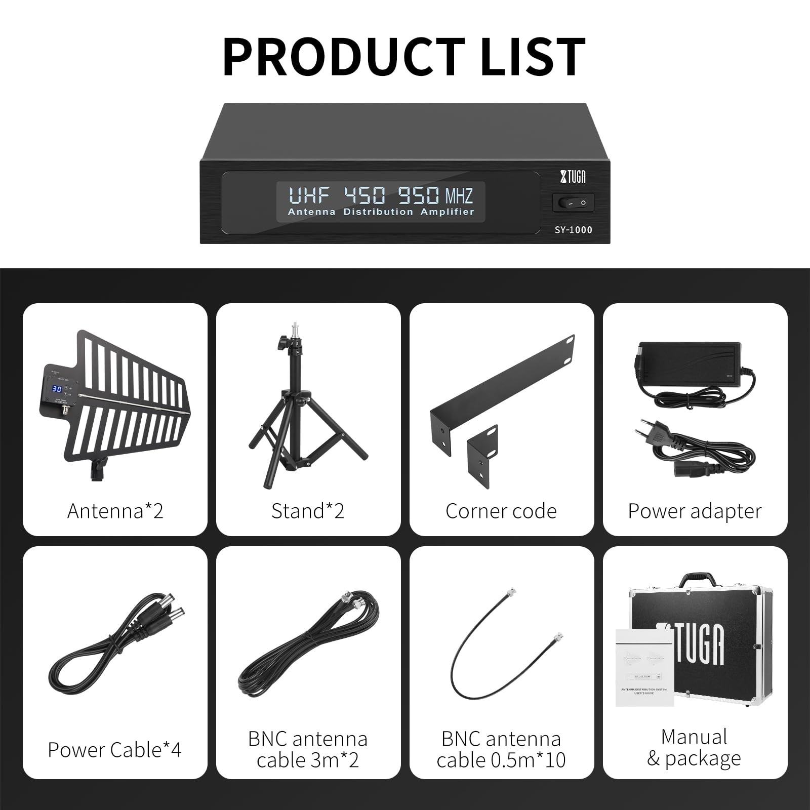 XTUGA SY-1000 Pro UHF Wireless Antenna Sistema di Distribuzione Bundle, Antenne Direzionali Attive con Supporto Lungo Raggio 792,5 m, per spettacoli teatrali, matrimoni, spettacoli dal vivo con