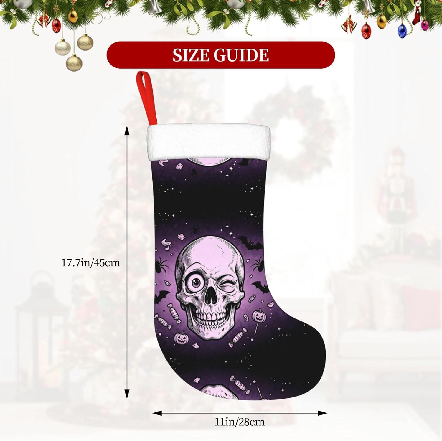 Purple Skull Print Christmas Stockings, Hanging Fireplace Xmas Decor image 4