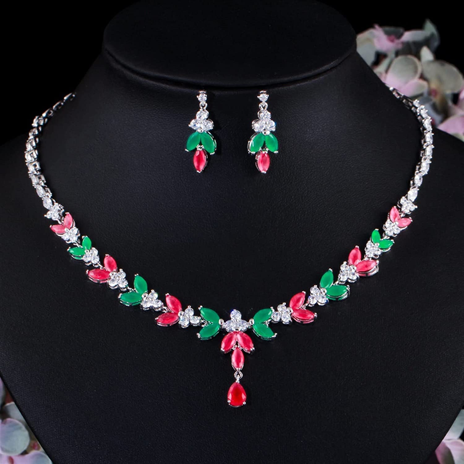 Gioielli Elegante Set di Gioielli da Sposa in Pietra con zirconi cubici Rossi Verdi Collana da Sposa e bigiotteria per Orecchini