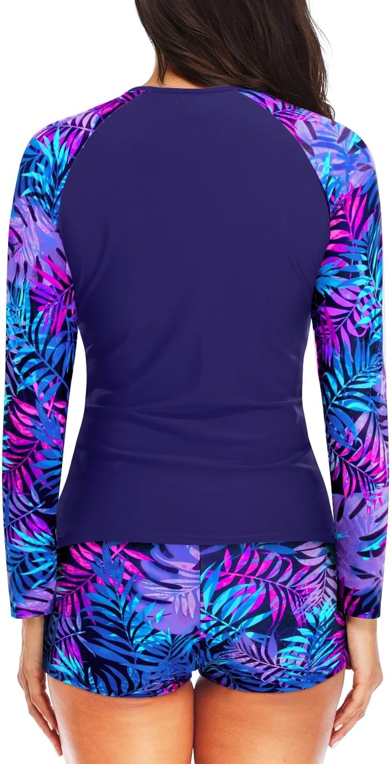 Daci Women Two Piece Rash Guard Long Sleeve Swimsuits UV UPF 50+ Swim Shirt Bathing Suit with Boyshort Bottom