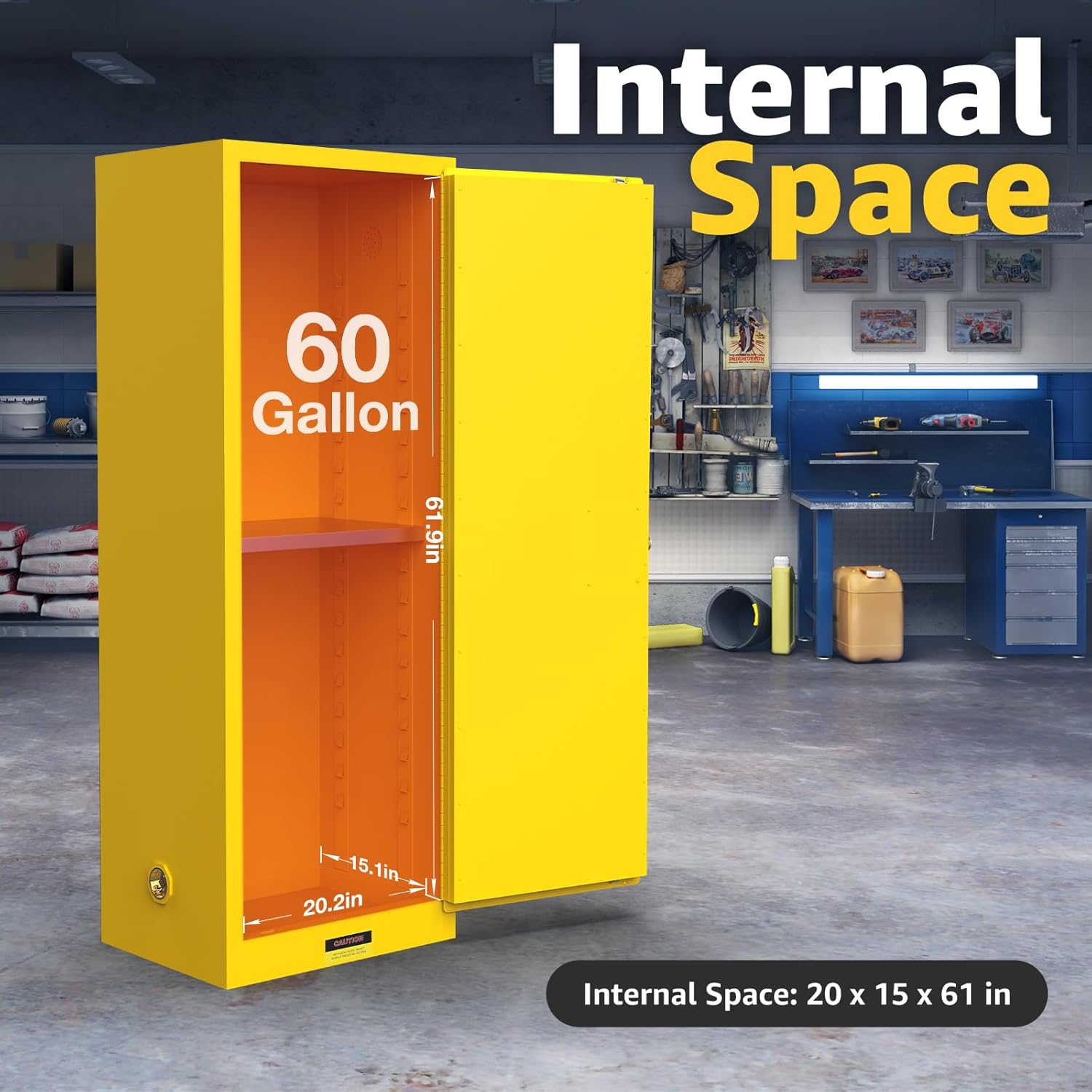 60 Gal Flammable Liquid Storage Cabinet, OSHA Safety Cabinet 23.2" Wx 18.1" Dx 65" H, Locking Doors, Spill Containment Sump, Adjustable Shelf, Vent & Grounding, Galvanized/Cold Rolled Steel