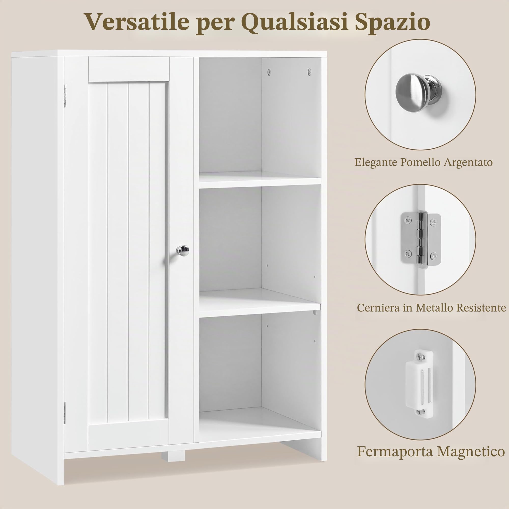 Yaheetech Mobile da Bagno Autoportante Moderno in Legno con Anta Singola e 3 Ripiani Aperti Armadio da Bagno Compatto con Ripiano Regolabile per Soggiorno Corridoio (Bianco)