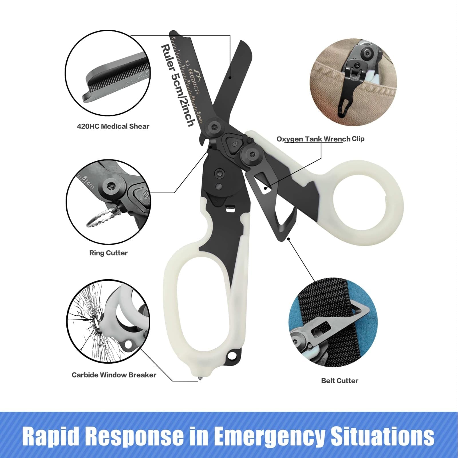 Heavy-Duty Emergency Response Shear – Multitool With Strap Cutter, Glass Breaker & Holster, Foldable For Car Or Outdoor