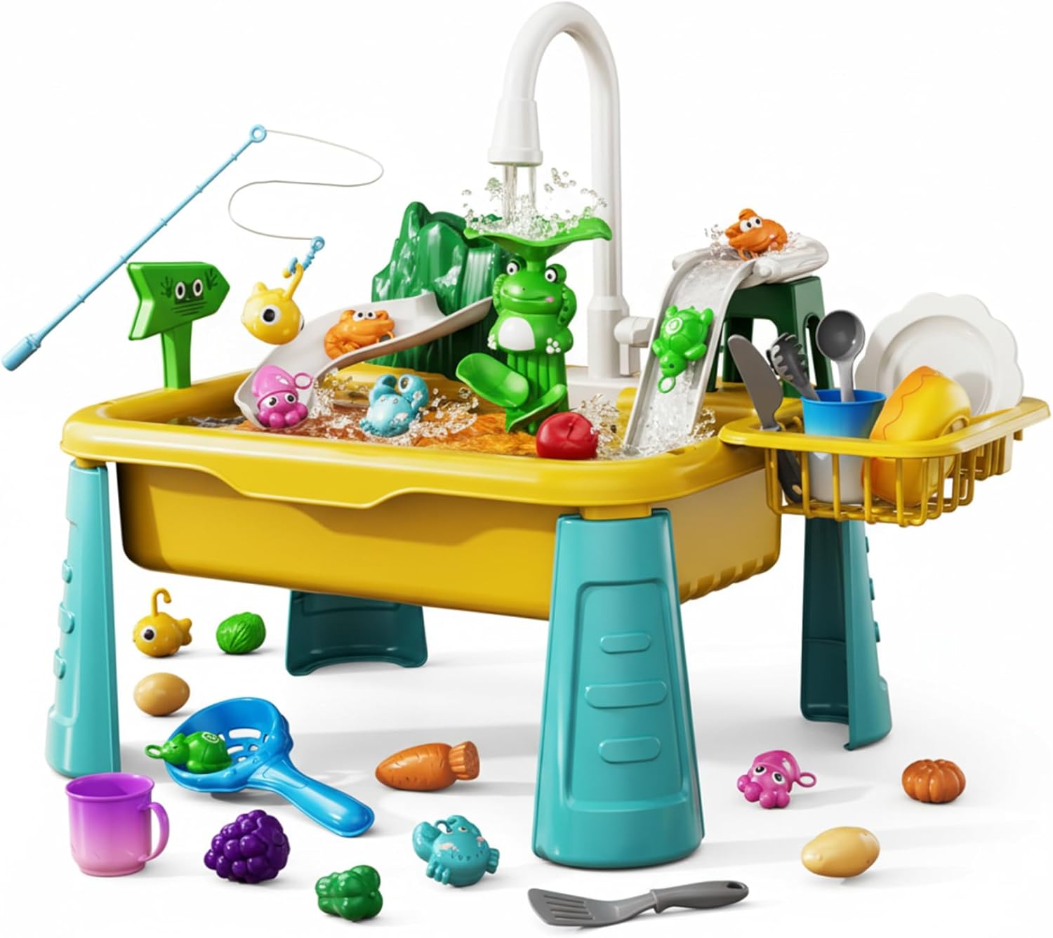 Play Sink with Running Water for Kids, Electric Toy Sink with Color Changing Fish & Fishing Game, Toddler Water Table for Indoor Outdoor Pretend Play..