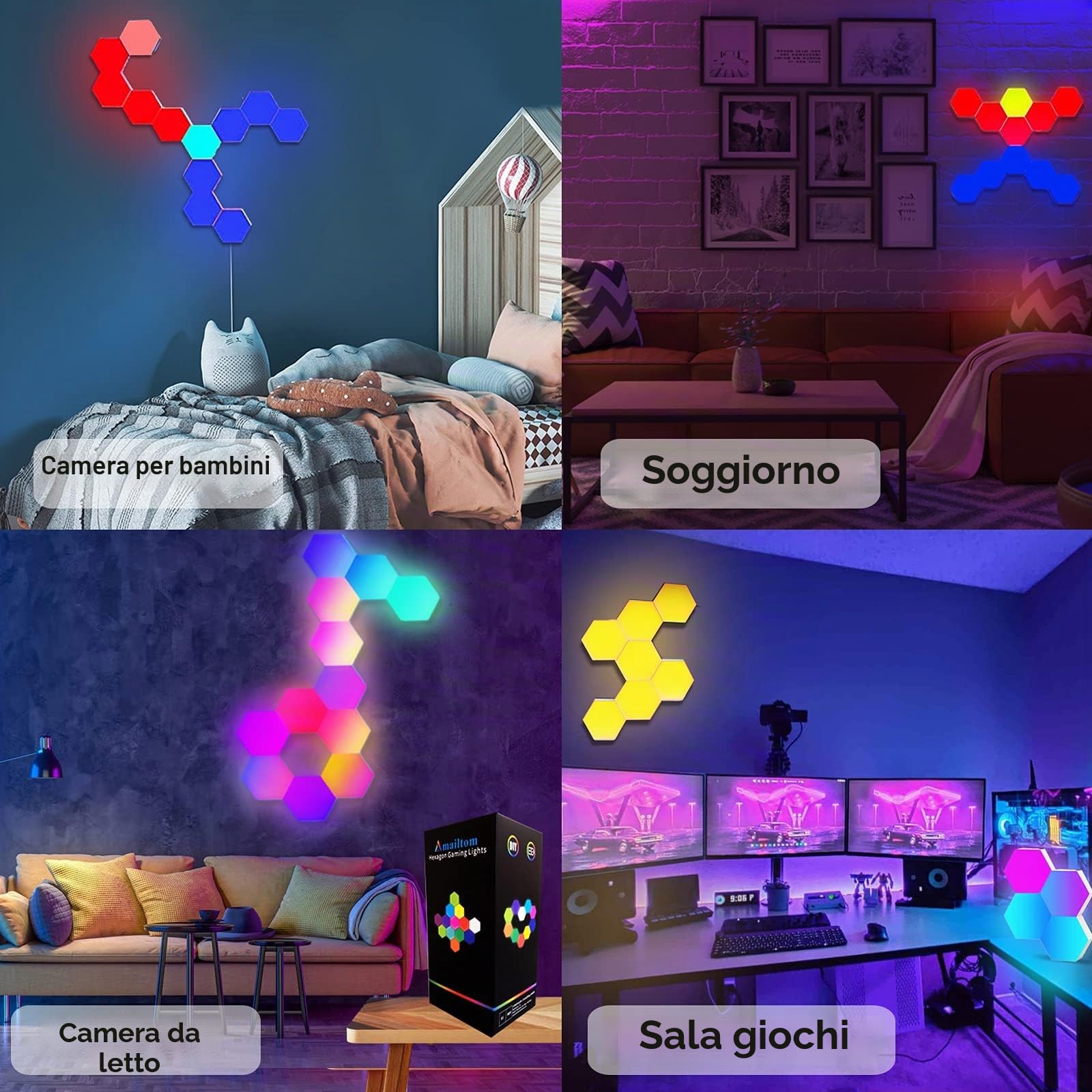 Pannelli LED RGB con Telecomando, Luci Esagonali LED Parete Gaming Pannello Muro Controllo Touch Luce Notturna,Fai da te Geometria Splicing Lampada Esagonale per Stanza da letto/Salotto/Party,7 Pezzi