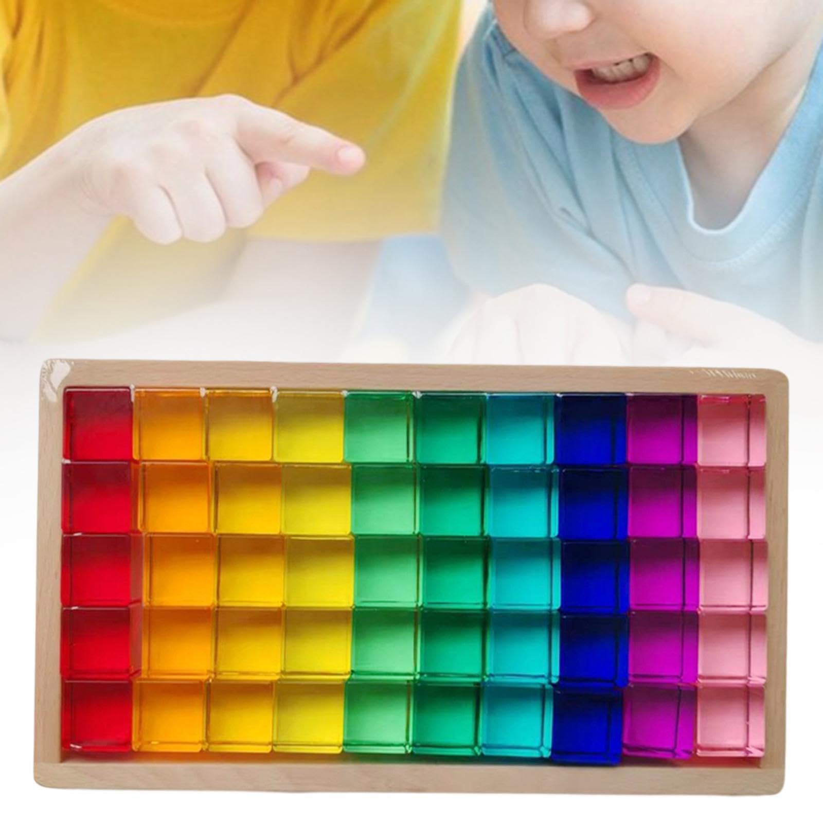 Regenbogen Bausteine Set Kinder mit Acrylklötzen Motorik Stapelspiel Transparent Holzbox Lernspaß für Kinderzimmer Geschenk Draußen Drinnen, 50 Stück
