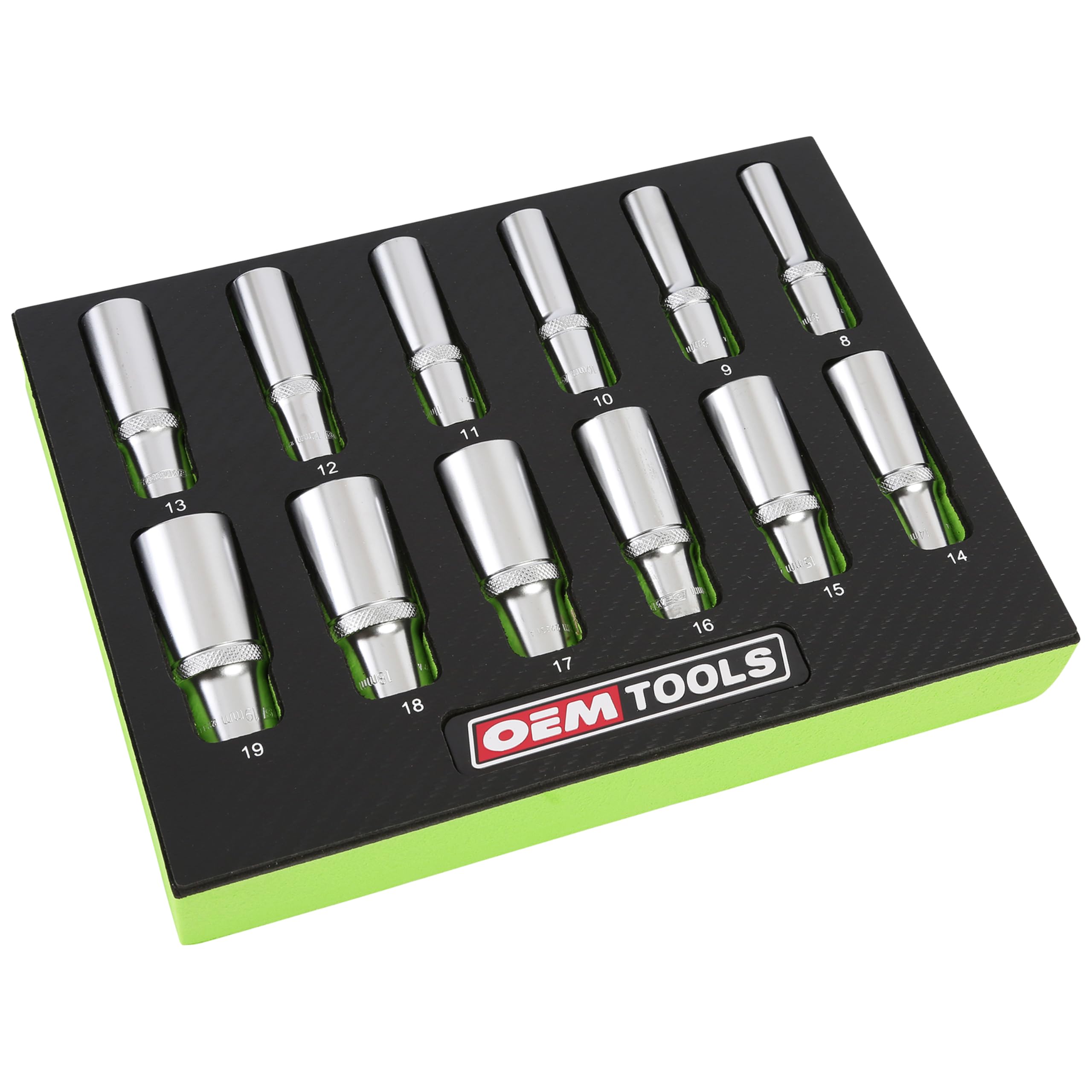 OEMTOOLS 23981 12 Piece Deep Socket Set 3/8, Deep Well Socket Set Metric 8mm-19mm, Heat-Treated Alloy Steel Sockets, Hard Chrome Finish, EVA Foam Tray
