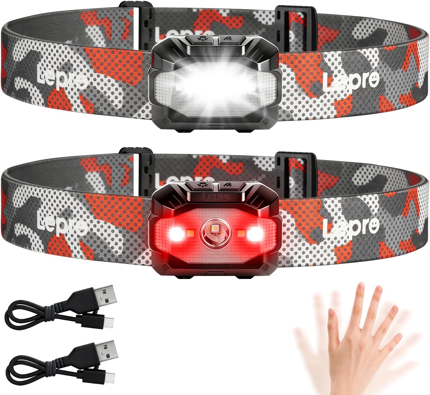 Lepro Dual Power Headlamp USB-C Charge & AAA Battery Motion Sensor 2 Pack