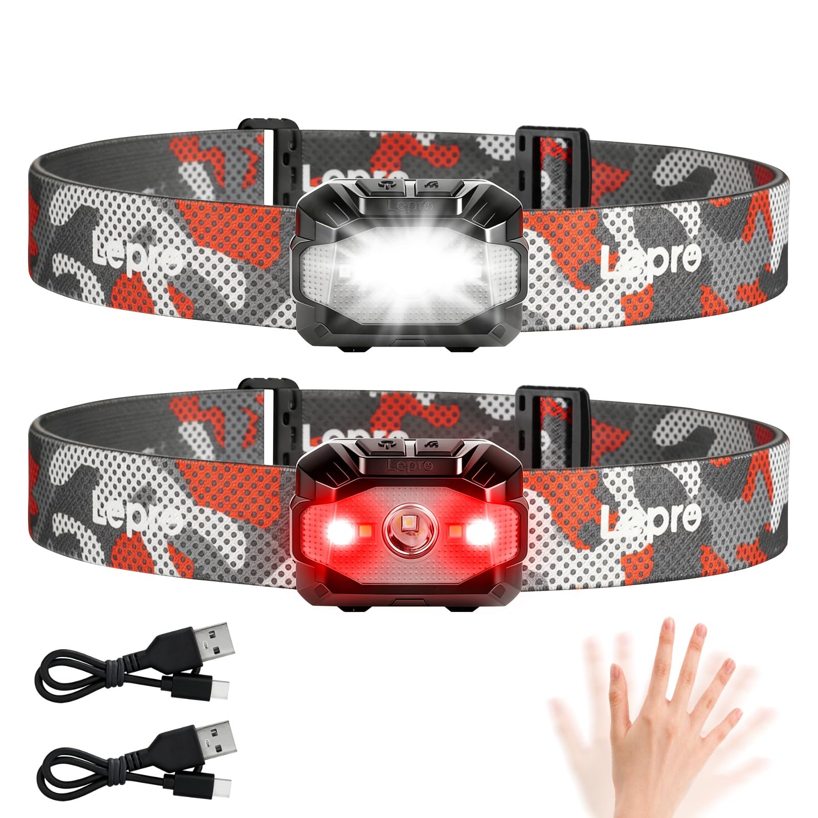 Lepro Dual Power Head Torch Rechargeable, Motion Sensor Headlamp 11 Modes
