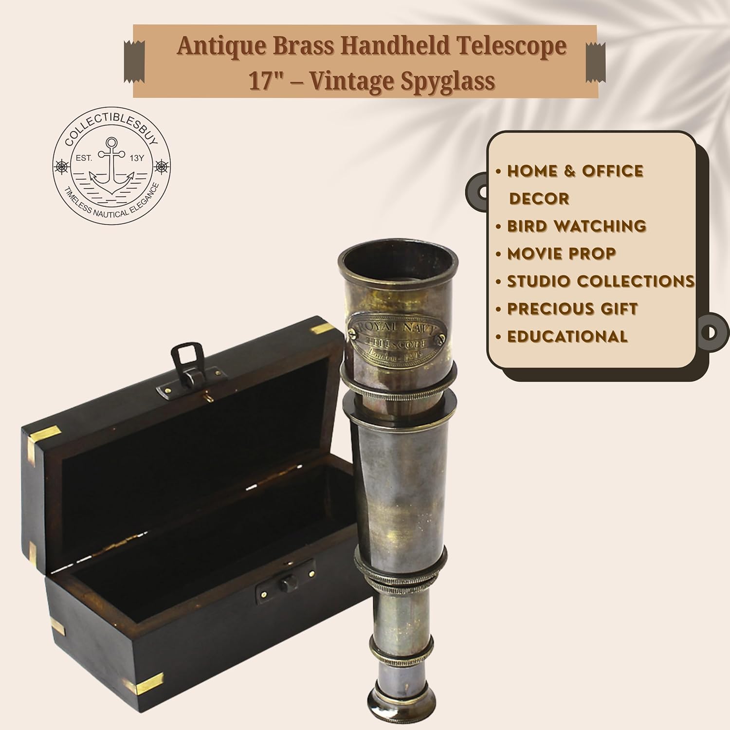 Vintage Handheld Telescope Nautical Maritime Scope for Hiking, Camping, Collectible Gift & Decor Antique Brass Pirate Spyglass 17" with Wooden Box