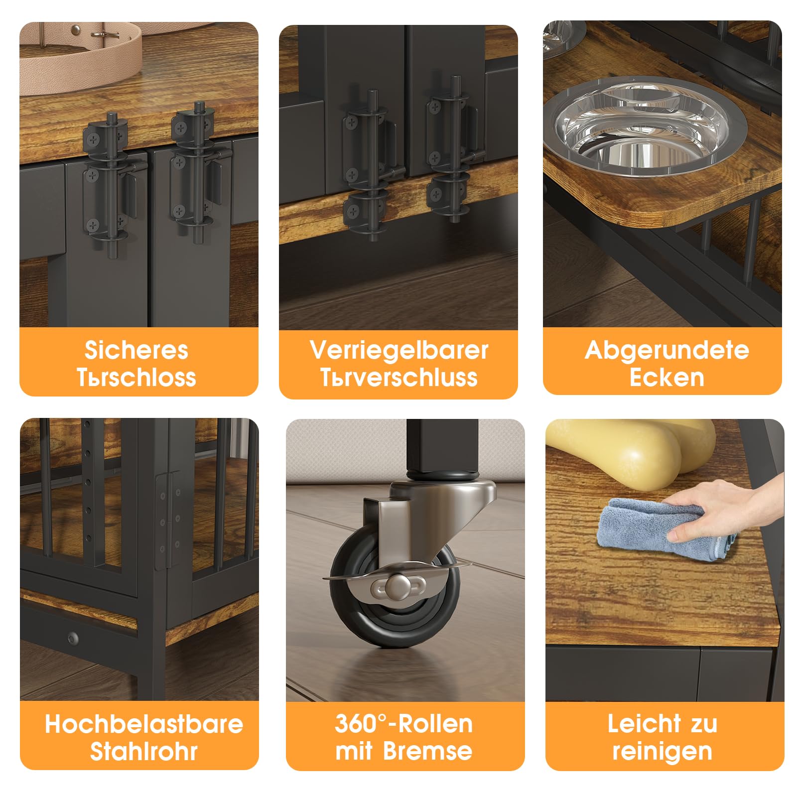 Hundekäfig Möbel mit Lagerregal, 99x58x96,5cm, Hundebox Möbel mit 360° Drehbaren Hundenäpfen und mit Rädern, Hochbelastbarer Hundekäfig für Zuhause, Hundeschrank für große und mittlere Hunde