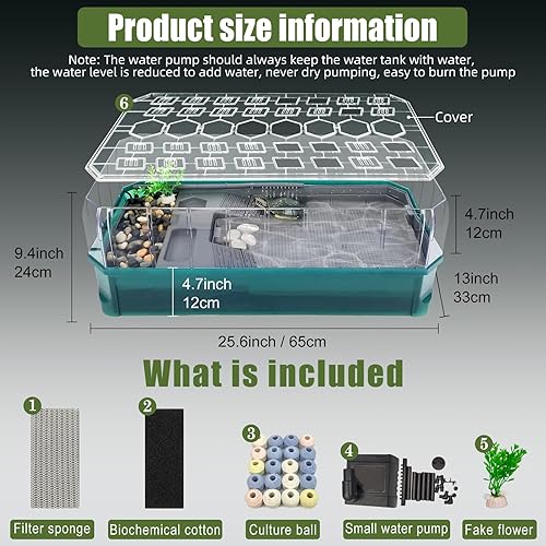 Miniatura 2 de Binano Tanque de tortuga de acuario de tortuga de 25.6 x 13 x 9.4 pulgadas con filtro de lluvia y experiencia de spa, cambios de agua y amplio