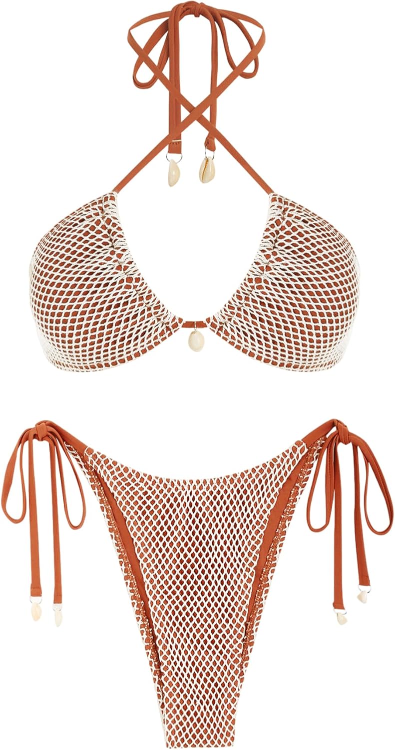 ZAFUL Women's Bikini Set Fishnet Triangle Tie Convertible Collar Halter Bandeau Shell Two Piece Bathing Suit