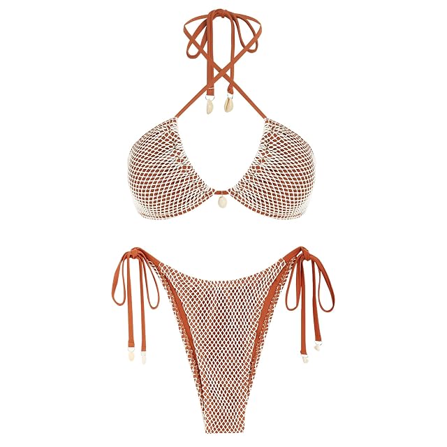 ZAFUL Womens Bikini Set Fishnet Triangle Tie Convertible Collar Halter Bandeau Shell Two Piece Bathing Suit