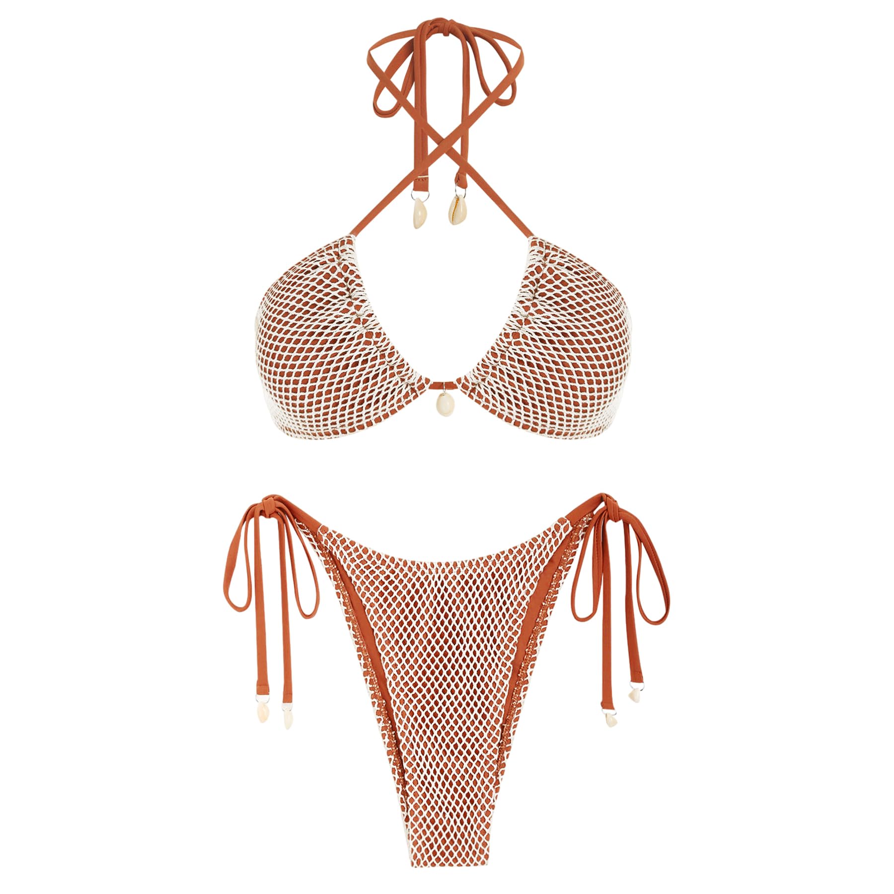 ZAFUL Womens Bikini Set Fishnet Triangle Tie Convertible Collar Halter Bandeau Shell Two Piece Bathing Suit