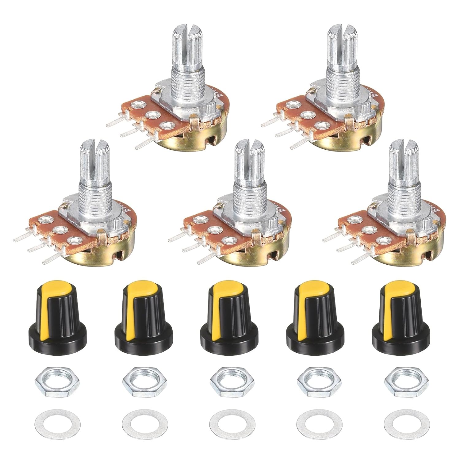MECCANIXITY WH148 1M Ohm Potentiometer Kit Linear Taper Adjustable Rotary Potentiometer with Knobs and Washers for Audio Applications Devices, Yellow, 5 Set