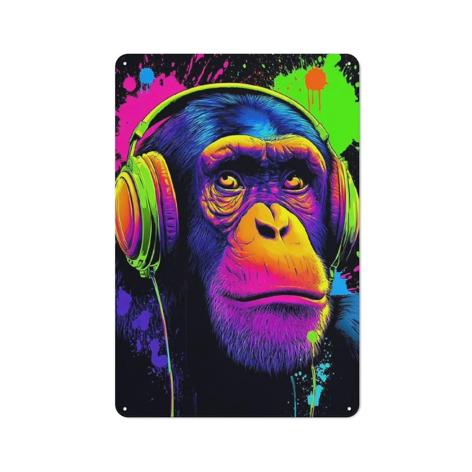 Junmoney Vibrant Monkey With Headphones Decorative Tin Sign With Design 30X20cm, Farmhouse Cottage Wall Art For Farmhouse Kitchen, Pantry Or Dining Area