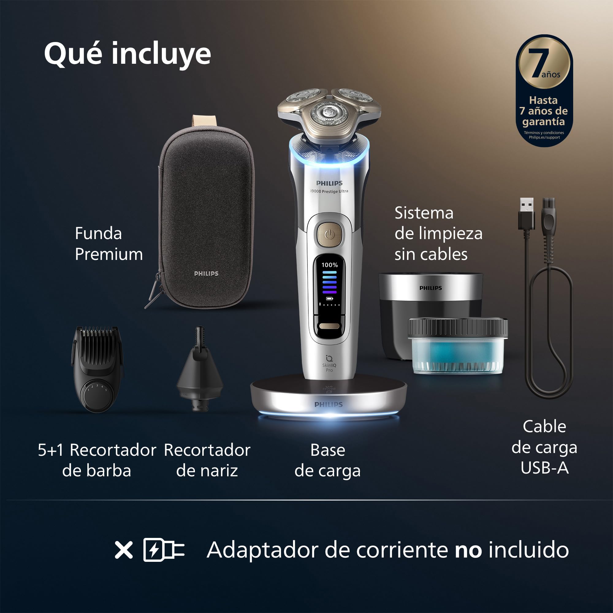 Philips i9000 Prestige Ultra, Afeitadora Eléctrica Hombre, Máquina de Afeitar Barba Seco y Húmedo, SkinIQ Pro, Base de Carga, Recargable, Estuche, Centro de limpieza, Recortador, Naricero, XP9404/38