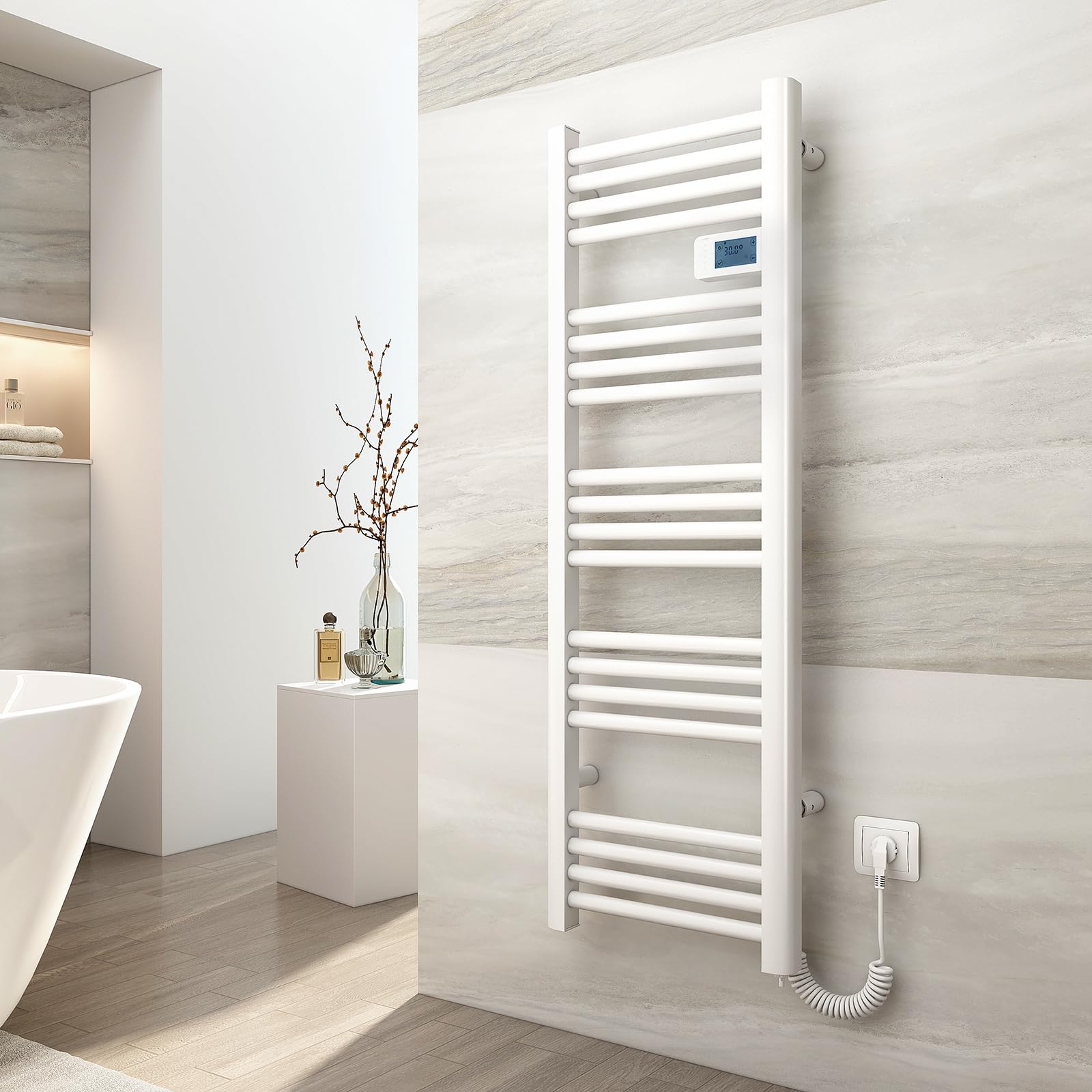 EMKE Termoarredo elettrico 120x40cm, 450W, Radiatore da bagno con display digitale, scaldasalviette elettrico bagno diritto (Bianco)