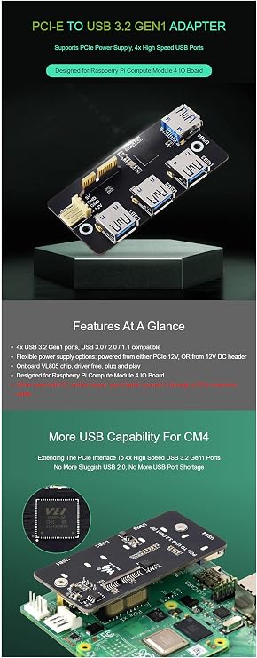 PCIe to USB 3.2 Gen1 Adapter Designed for Raspberry Pi Compute Module 4 IO Board(CM4), 4X High Speed USB Ports,Compatible with USB 3.0/2.0/1.1
