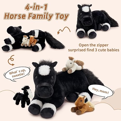 Vista 4 de Tezituor 4 piezas de animal de peluche de caballo con bebés, caballo de peluche grande de 18 pulgadas mamá con bebé de pony de peluche, lindo