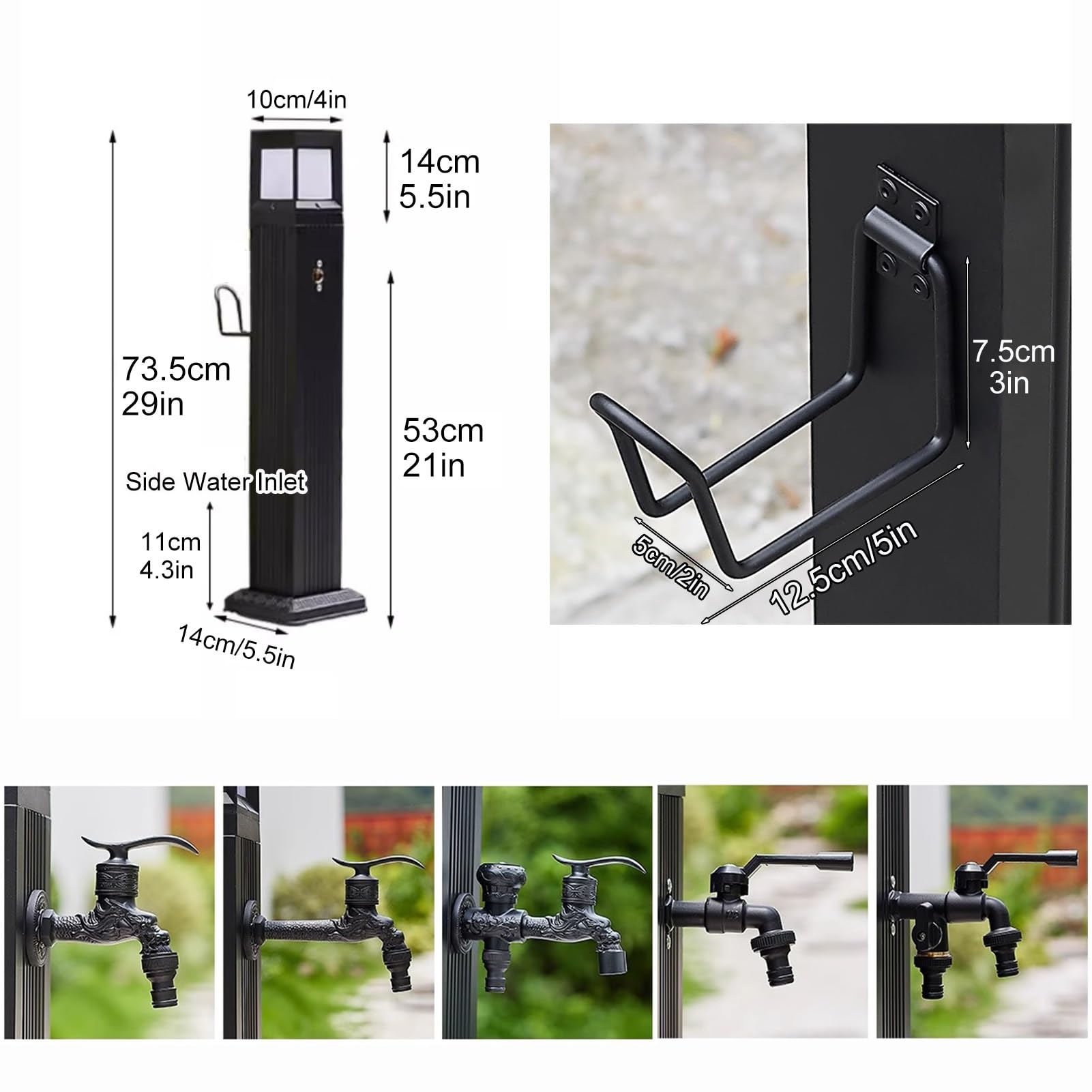 Fontanelle da Giardino con Luce LED Solare, Colonna D'acqua Rubinetti da Esterno Ottone Fontana da Giardino Esterno Metallo (Color : With faucet, Size : 73cm)