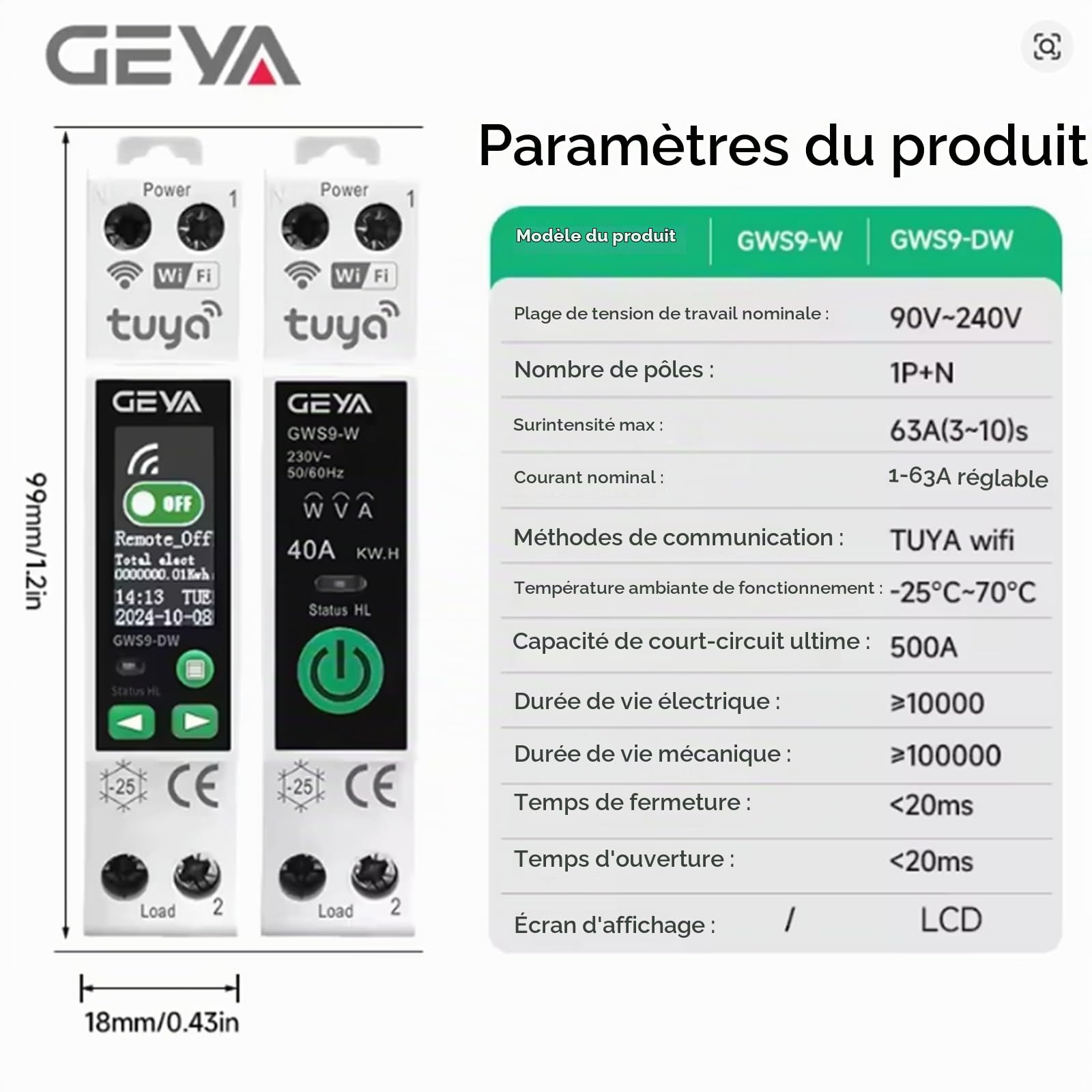 GEYA TUYA WIFI Disjoncteur intelligent avec comptage Télécommande sans fil Smart Home 1A~63A réglable 90V~240V (GWS9-DW Écran LCD)
