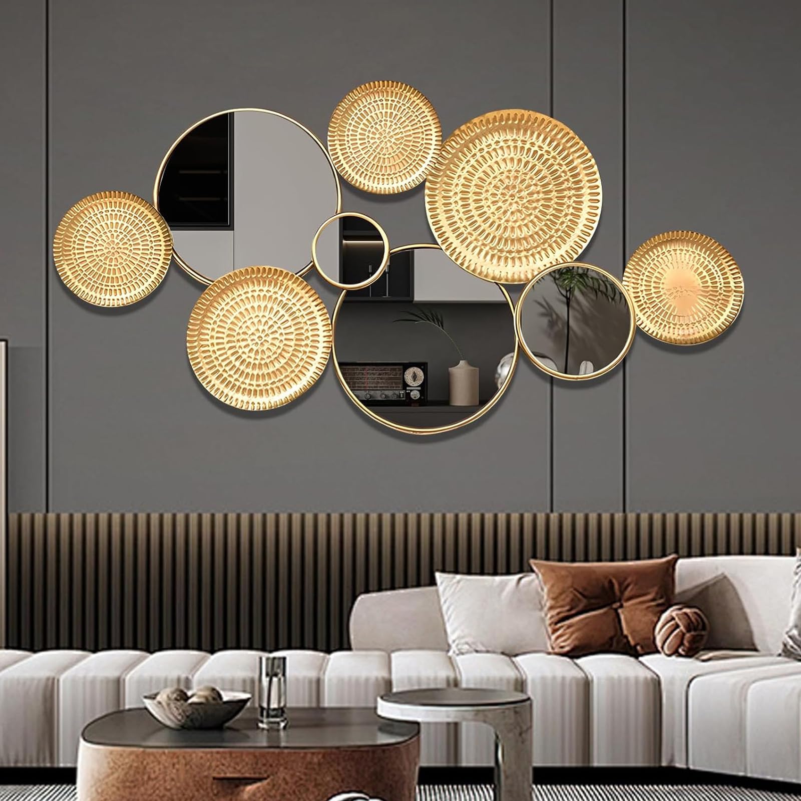 Grand miroir de décoration murale, plaques circulaires modernes pour salon, bureau, chambre à coucher, décoration d'intérieur, finition argentée