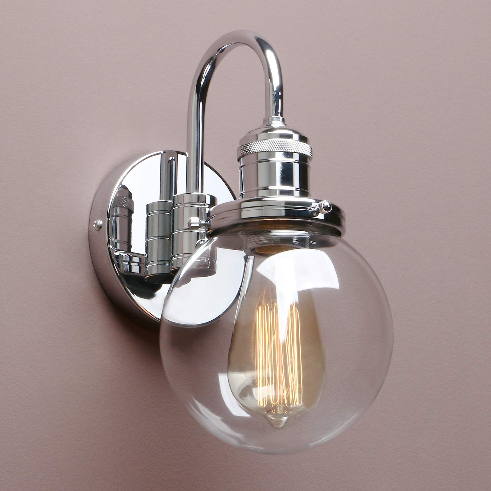 Yosoan Chrome Lighting Modern Vintage Industrial Globe Sconce Wall Light Fitting With 5.9” Clear Glass Lampshade, For Office Home Kitchen Living Room Bedroom Loft Bar (Chrome)