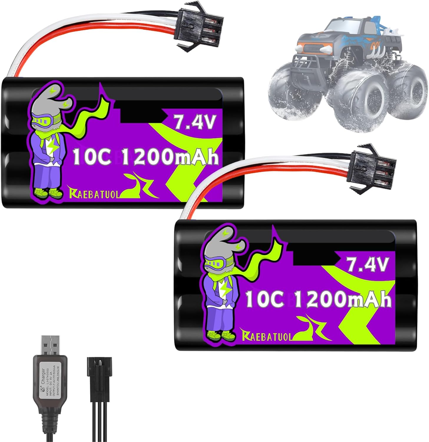 7.4V 1200mAh 10C Battery SM3P Plug,Fit for Threeking 1:16 Monster Truck TK3086B WPL C54/RC Tank 1:18 M1A2 MN82 Remote Control Car Toys/G03060R Amphibious Trucks/C60 with Charger(Cell*2)