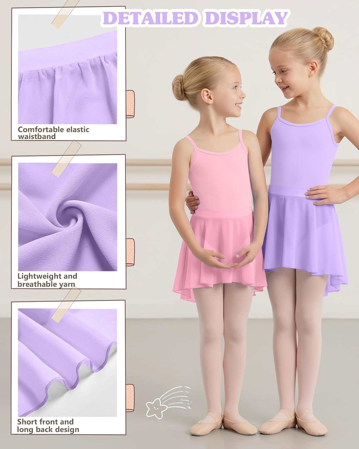 3 Pack Girls' Ballet Skirts Dance Wrap Toddler Kids Ballerina Chiffon Elastic Waist Dancewear for 2-12 Years - Image 3